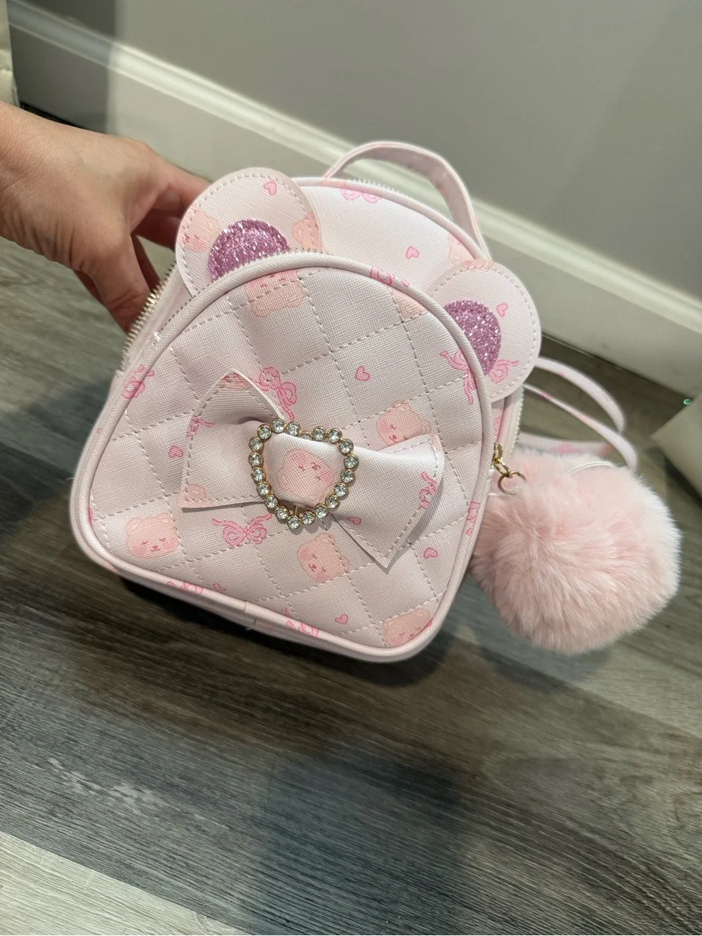 Othr Pink Quilted Teddy Mini Backpack with Pom Pom